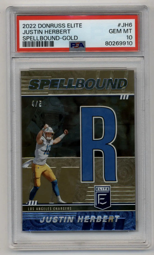 Justin Herbert Elite Spellbound Gold football card 2022 Donruss Elite Gem Mint