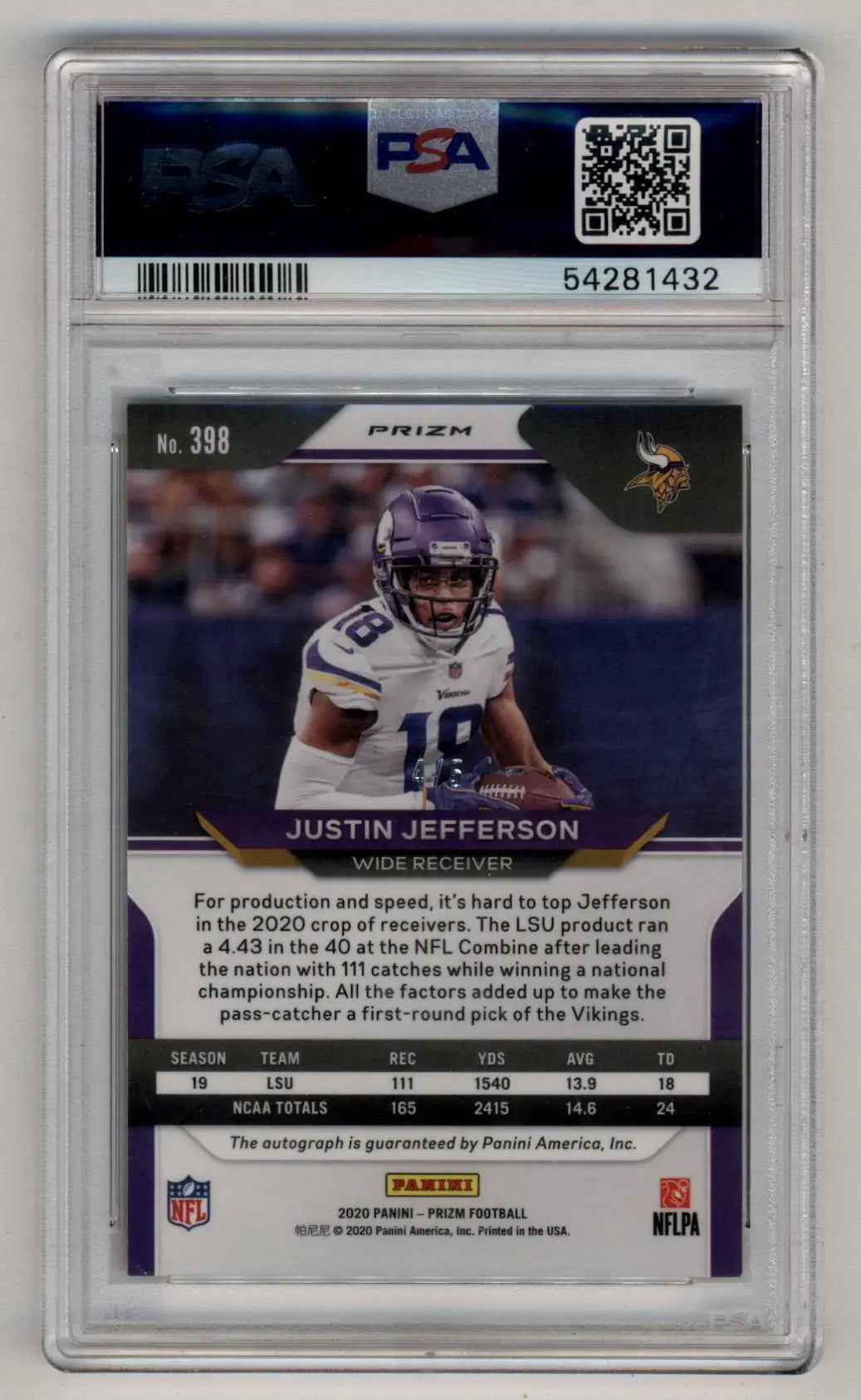 Justin Jefferson 2020 Prizm Green Shimmer Auto 4/5 PSA 9 Mint - Football Card Single