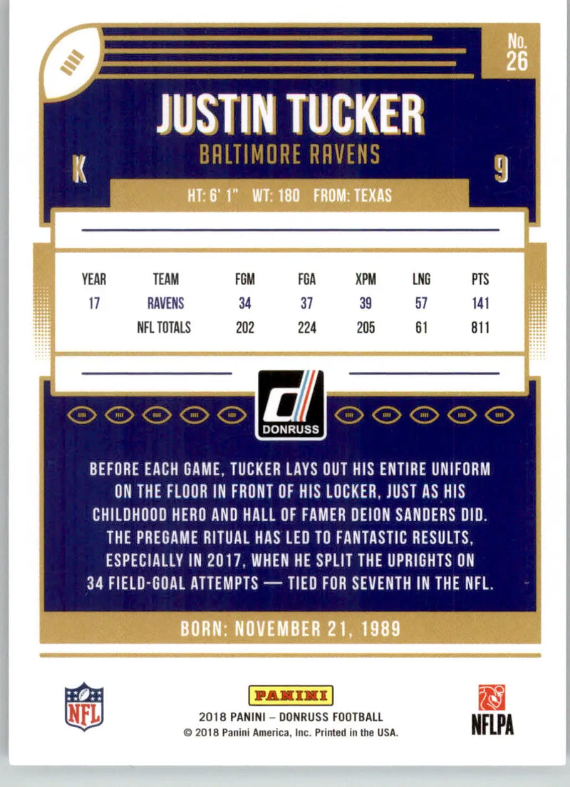 Justin Tucker - 2018 Donruss - #26 - Football - Football Card Single
