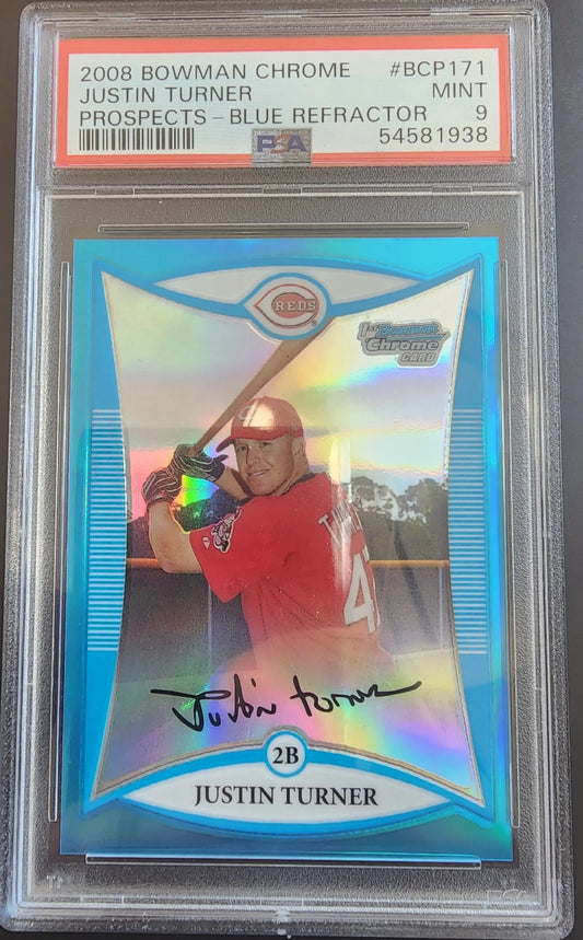 Justin Turner 2008 Bowman Chrome Blue Refractor PSA 9 Mint - Baseball Card Single