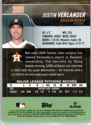 Justin Verlander - 2022 Stadium Club Chrome - #288 - Baseball - Baseball Card Single