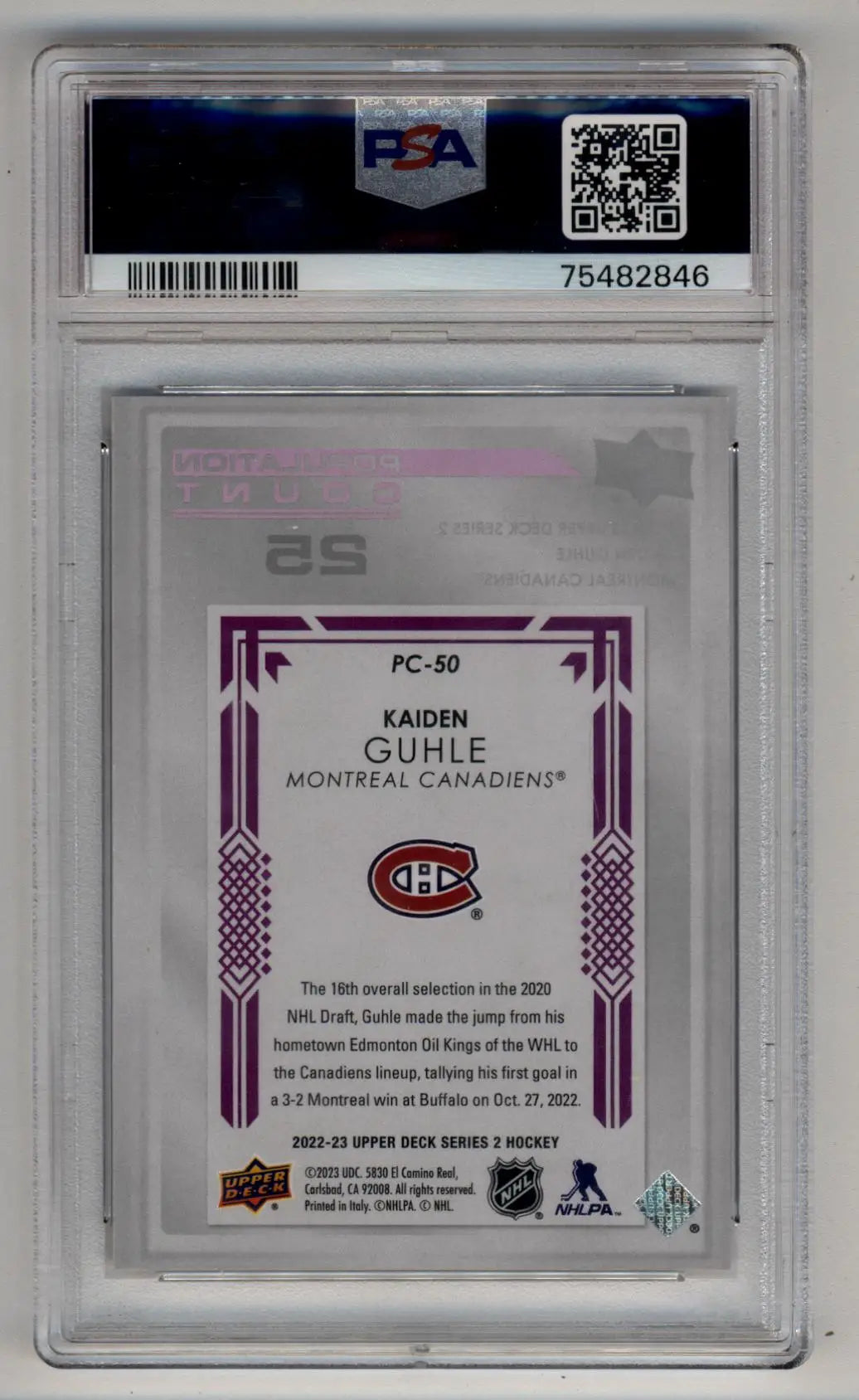 Kaiden Guhle 2022-23 Upper Deck Population Count 25 PSA 9 Mint - Hockey Card Single