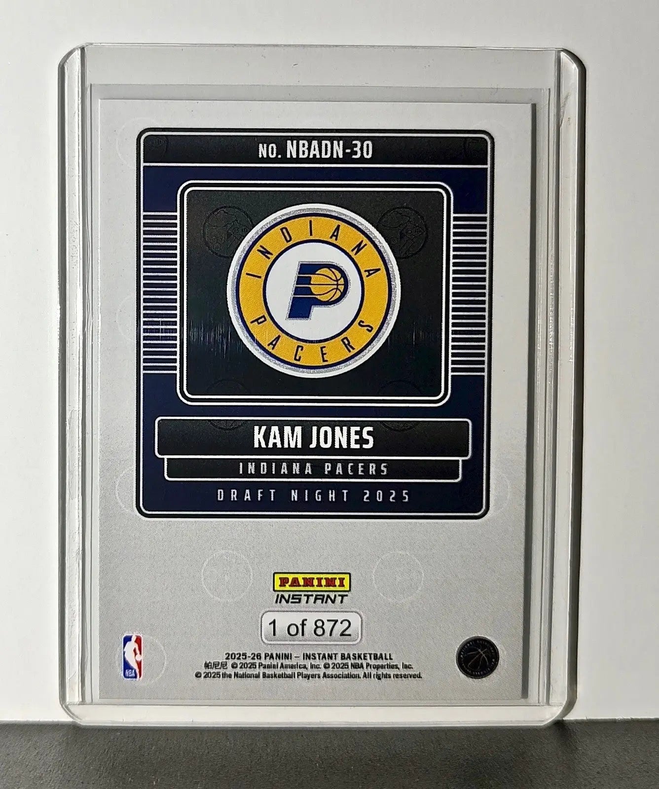 Kam Jones Rookie 2025-26 Panini NBA #30 Draft Night Card Indiana Pacers - Basketball Card Single