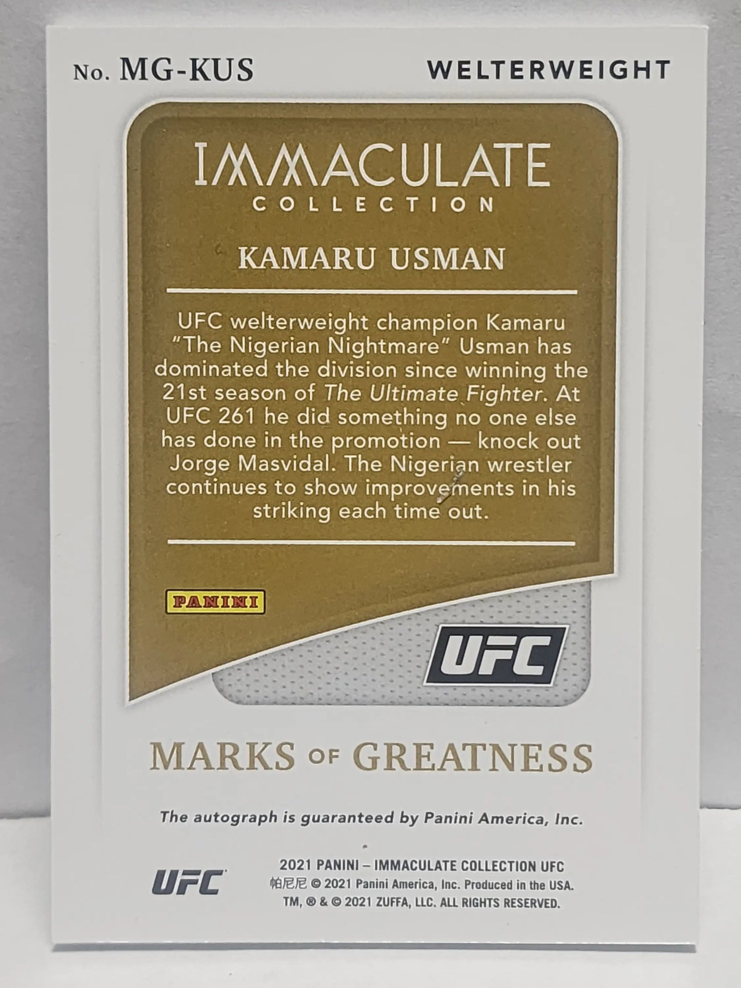 Kamaru Usman 2021 Panini Immaculate Marks of Greatness Autograph #70/99 - UFC/MMA Card Single