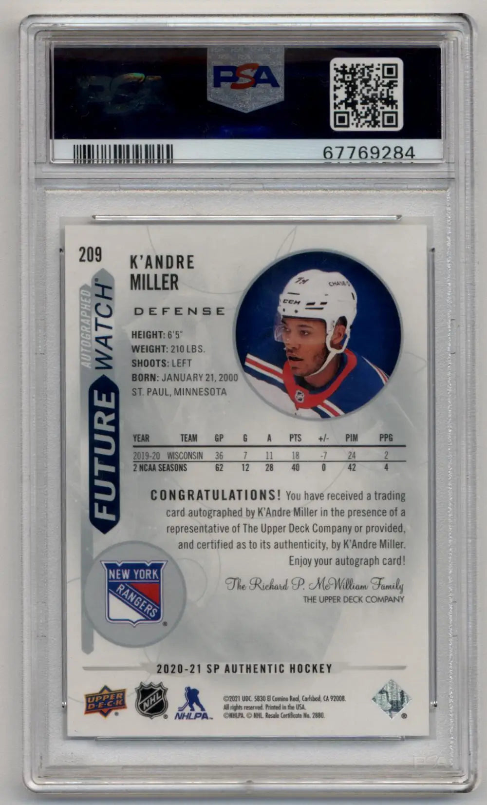 K’Andre Miller 2020-21 SP Authentic #209 Auto Inscription 005/999 PSA 10 Gem Mint Auto 10 - Hockey Card Single