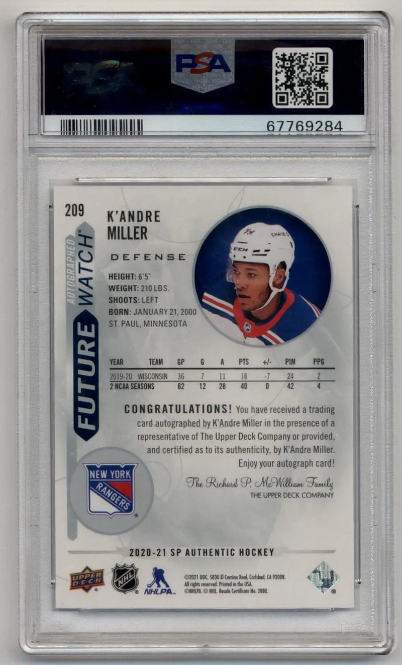 K’Andre Miller 2020-21 SP Authentic #209 Auto Inscription 005/999 PSA 10 Gem Mint Auto 10 - Hockey Card Single