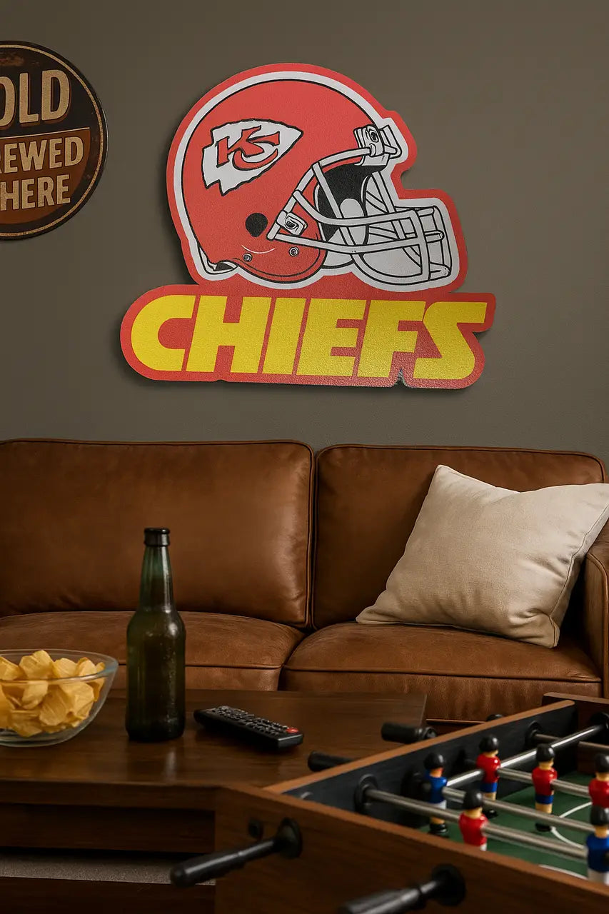 Kansas City Chiefs football helmet and team name wall decor for fan room or man cave