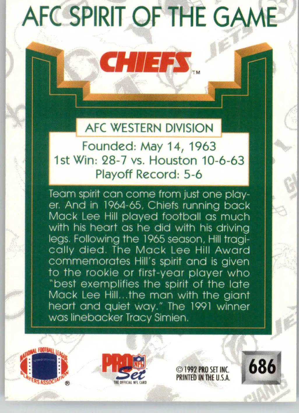 Kansas City Chiefs SOTG - 1992 Pro Set - #686 - Football - Football Card Single