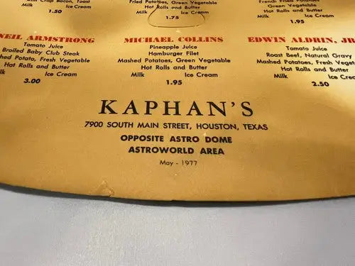 KAPHANS Astronaut Paper Mask Kids Menu Houston Tx Apollo Astroworld 1977 NASA - Entertainment Memorabilia