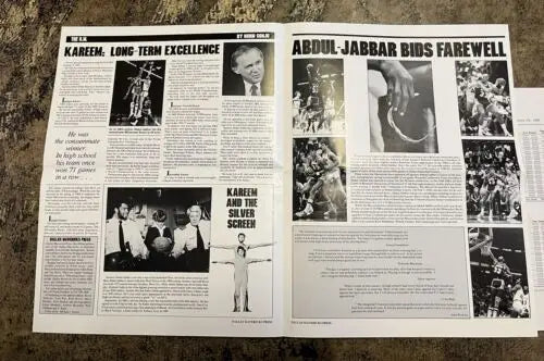 Newspaper spread featuring Kareem Abdul-Jabbar in KAREEM ABDUL JABBAR HOOP MAGAZINE ticket stub