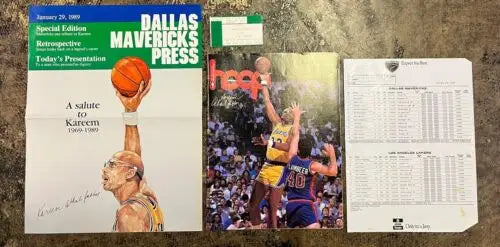 Basketball memorabilia featuring Kareem Abdul Jabbar hoop magazine and ticket stub