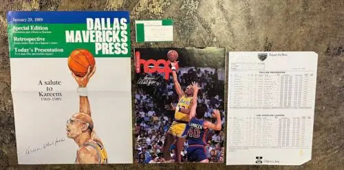 Basketball memorabilia featuring Kareem Abdul Jabbar Hoop Magazine and ticket stub