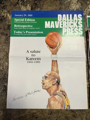 Signed Kareem Abdul Jabbar tribute poster from Hoop Magazine Dallas Mavs ticket stub