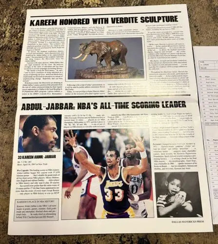 Newspaper article on Kareem Abdul-Jabbar featured in Hoop Magazine ticket stub from 1988-89