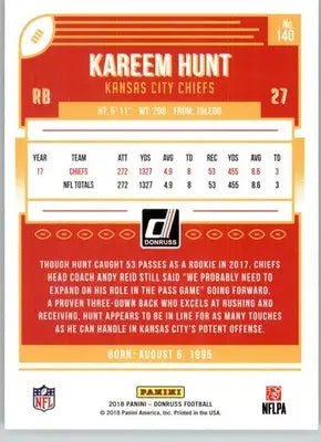 Kareem Hunt - 2018 Donruss - #140 - Football - Football Card Single