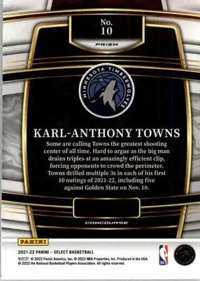 Karl-Anthony Towns - 2021-22 Panini Select - #10 - Blue Prizms Basketball - Basketball Card Single