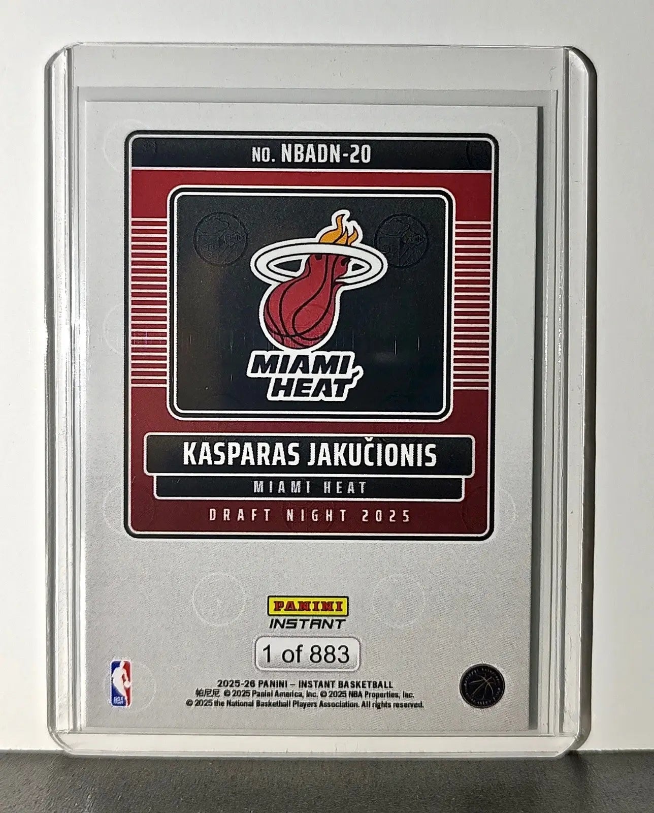 Kasparas Jakucionis Rookie 2025-26 Panini NBA #20 Draft Night Card Miami Heat