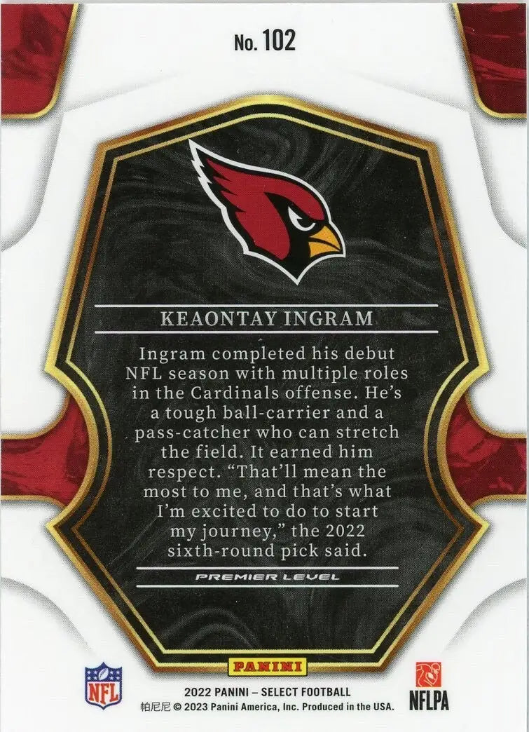 Keaontay Ingram Rookie 2022 Panini Select Premier #102 Arizona Cardinals Card - Football Card Single