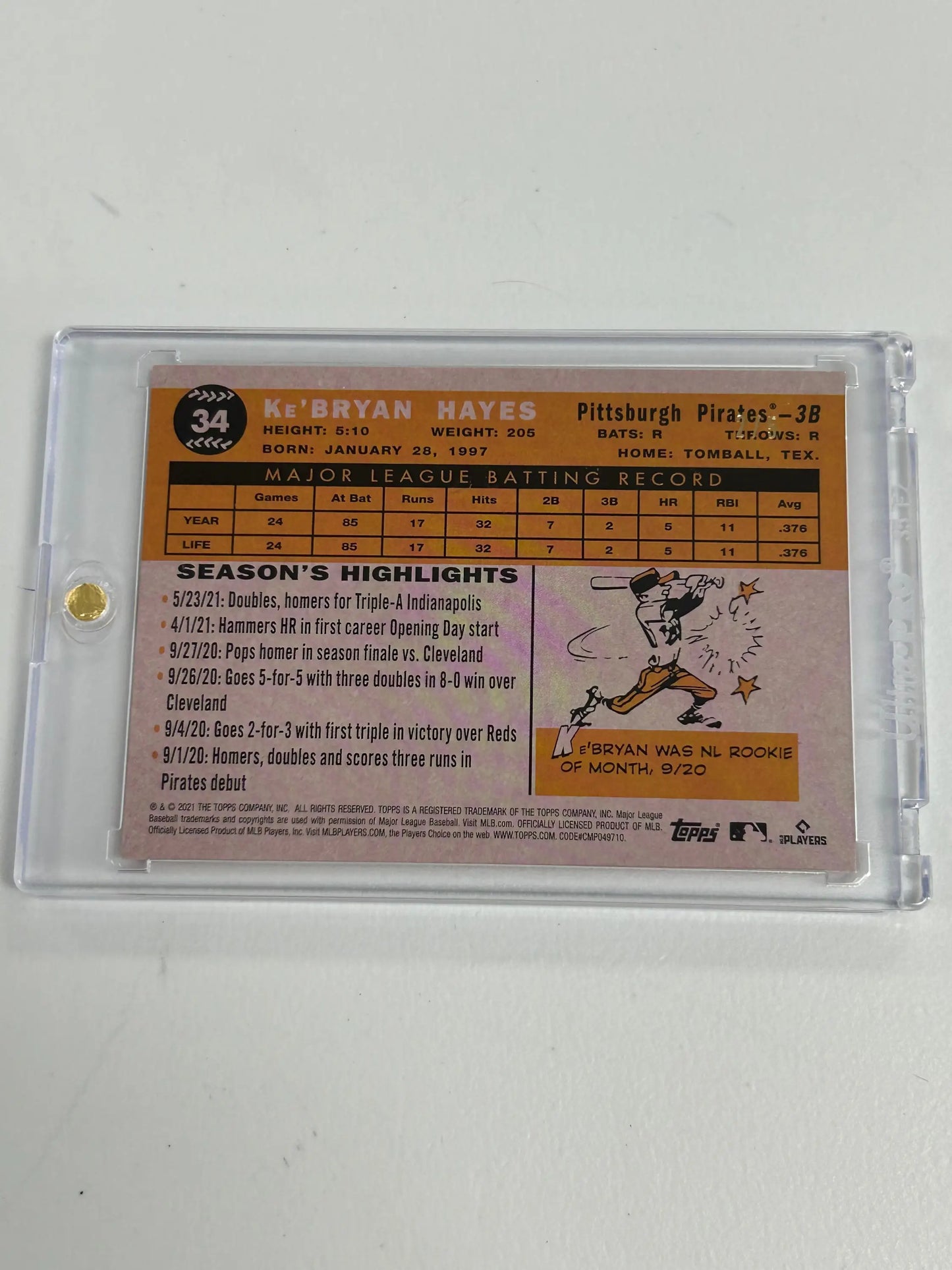 Ke’Bryan Hayes 2021 Topps 70 Years of Baseball Red trading card in protective case