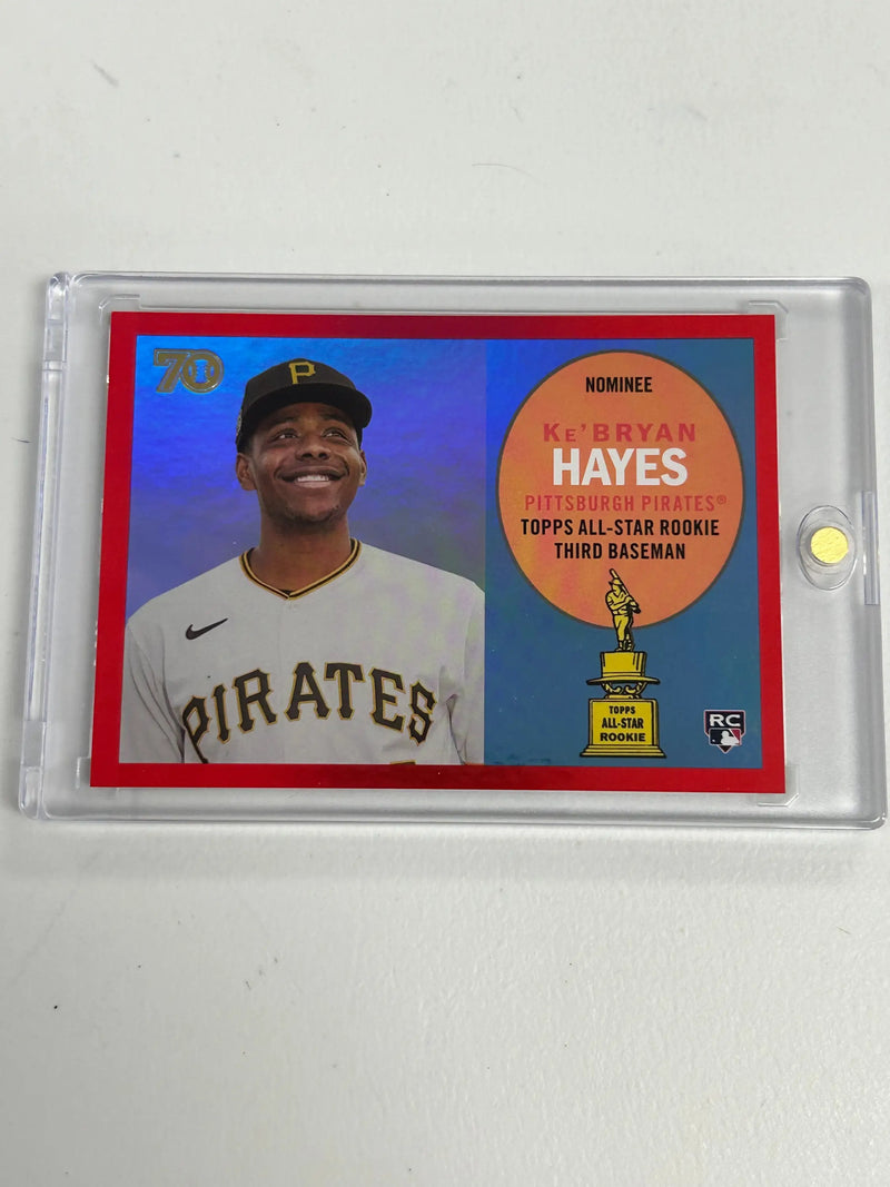 Baseball trading card in protective case featuring Ke’Bryan Hayes, Pirates player baseball red