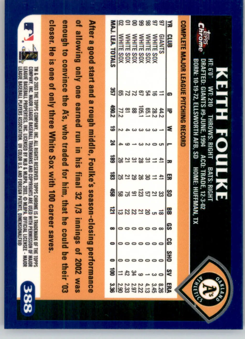 Keith Foulke - 2003 Topps Chrome - #388 - Baseball - Baseball Card Single