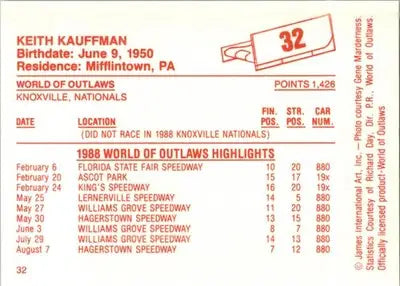Keith Kauffman - 1988 World of Outlaws - #32 - Racing - Racing Card Single