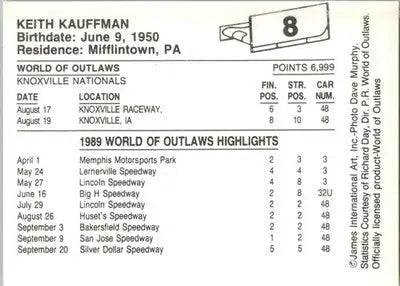 Keith Kauffman - 1989 World of Outlaws - #8 - Racing - Racing Card Single