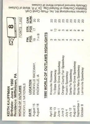 Keith Kauffman - 1990 World of Outlaws - #8 - Racing - Racing Card Single