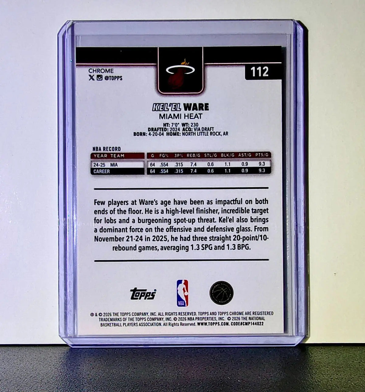 Kel’el Ware 2025-26 NBA Topps Chrome Update #112 Basketball Card Miami Heat - Basketball Card Single
