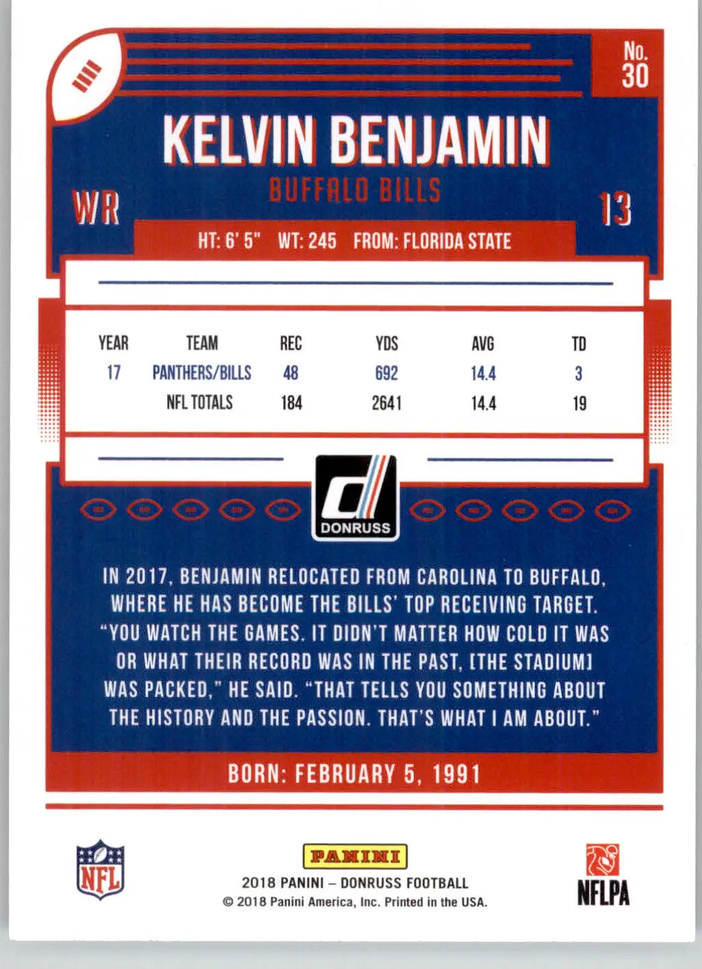 Kelvin Benjamin - 2018 Donruss - #30 - Football