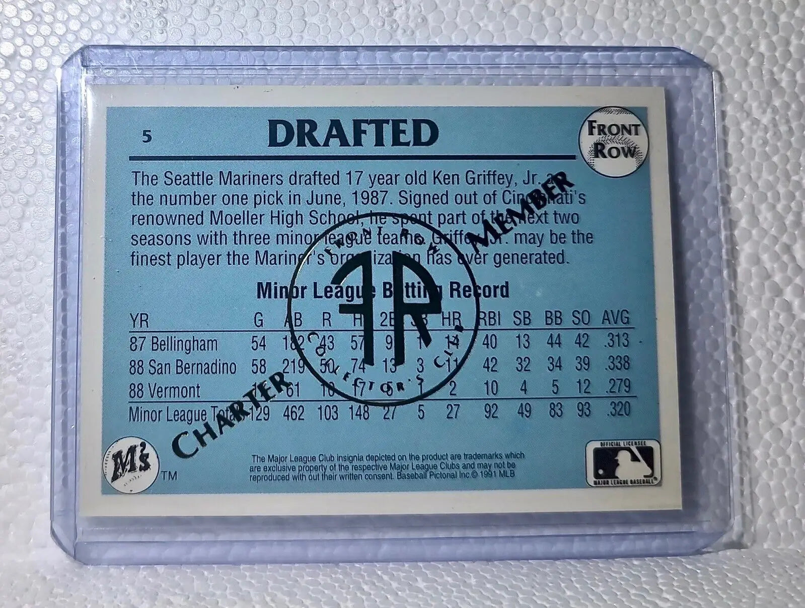 Ken Griffey Jr. 1991 Front Row MLB #5 Charter Member Baseball Card Mariners