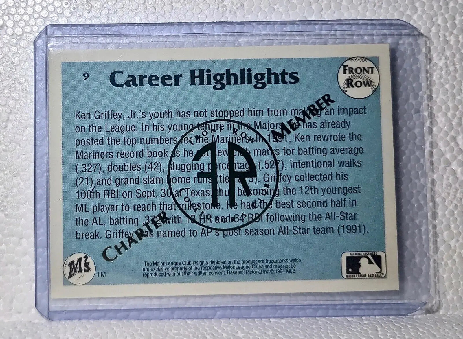 Ken Griffey Jr. 1991 Front Row MLB #9 Charter Member Baseball Card Mariners - Baseball Card Single