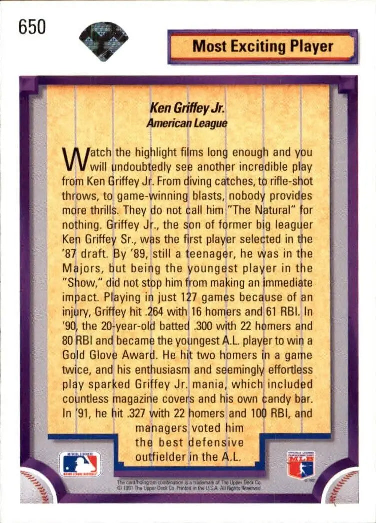 Ken Griffey Jr. 1992 Upper Deck MLB #650 DS Baseball Card Seattle Mariners - Baseball Card Single