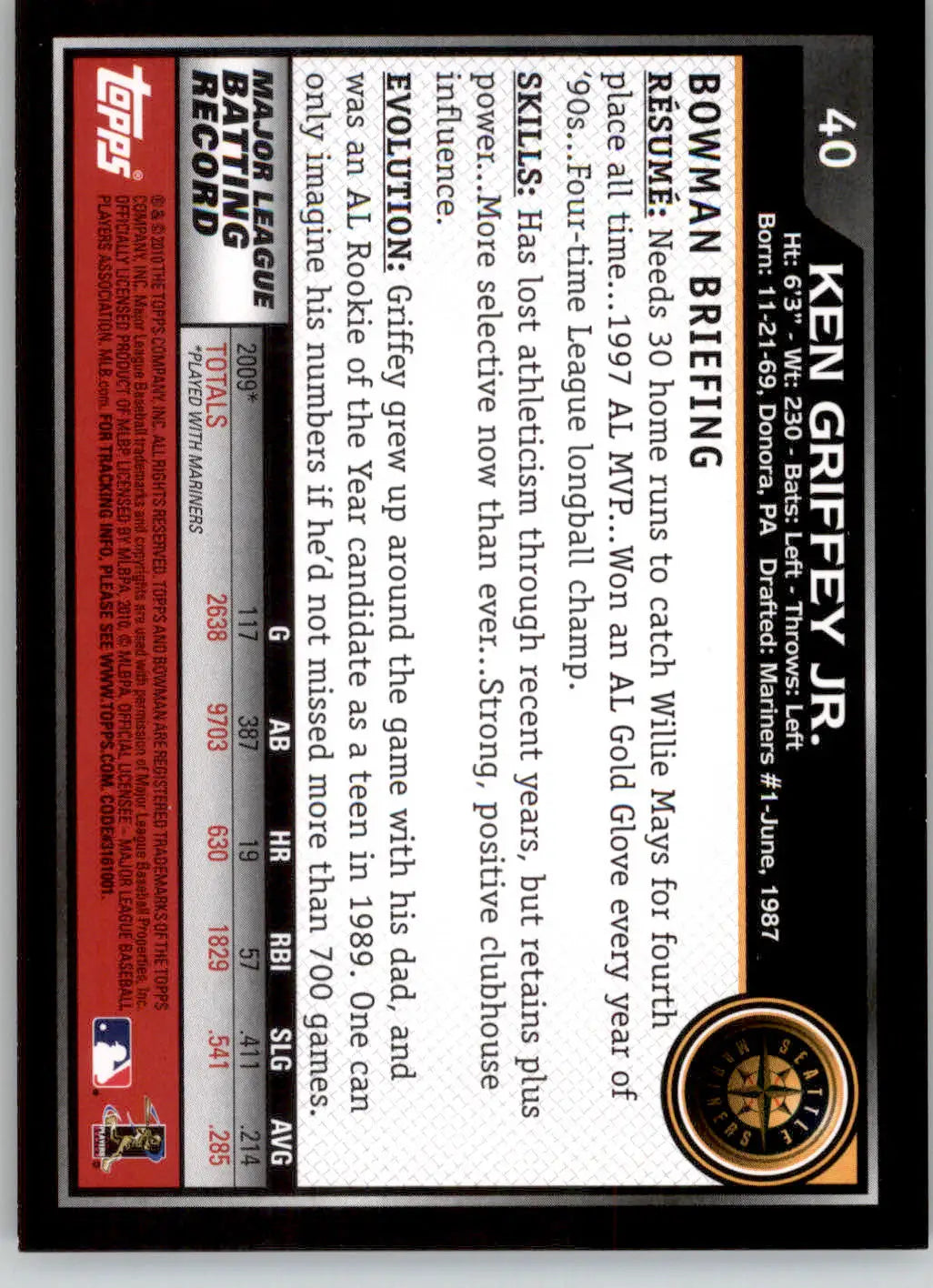 Ken Griffey Jr. - 2010 Bowman - #40 - Baseball