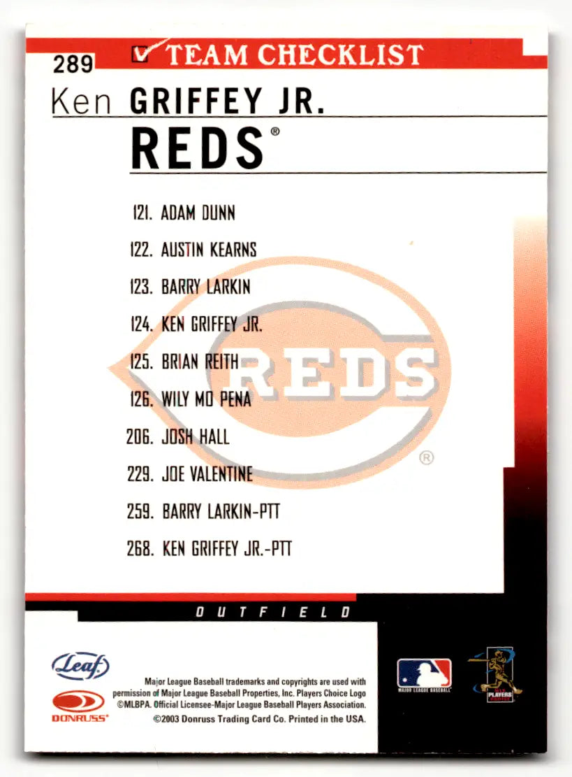 Ken Griffey Jr. Cincinnati Reds baseball card checklist featuring various Cincinnati Reds cards