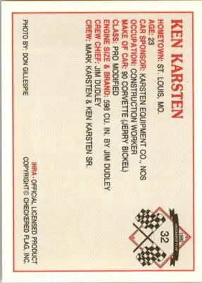 Ken Karsten Jr. - 1990 Checkered Flag IHRA - #32 - Racing - Racing Card Single