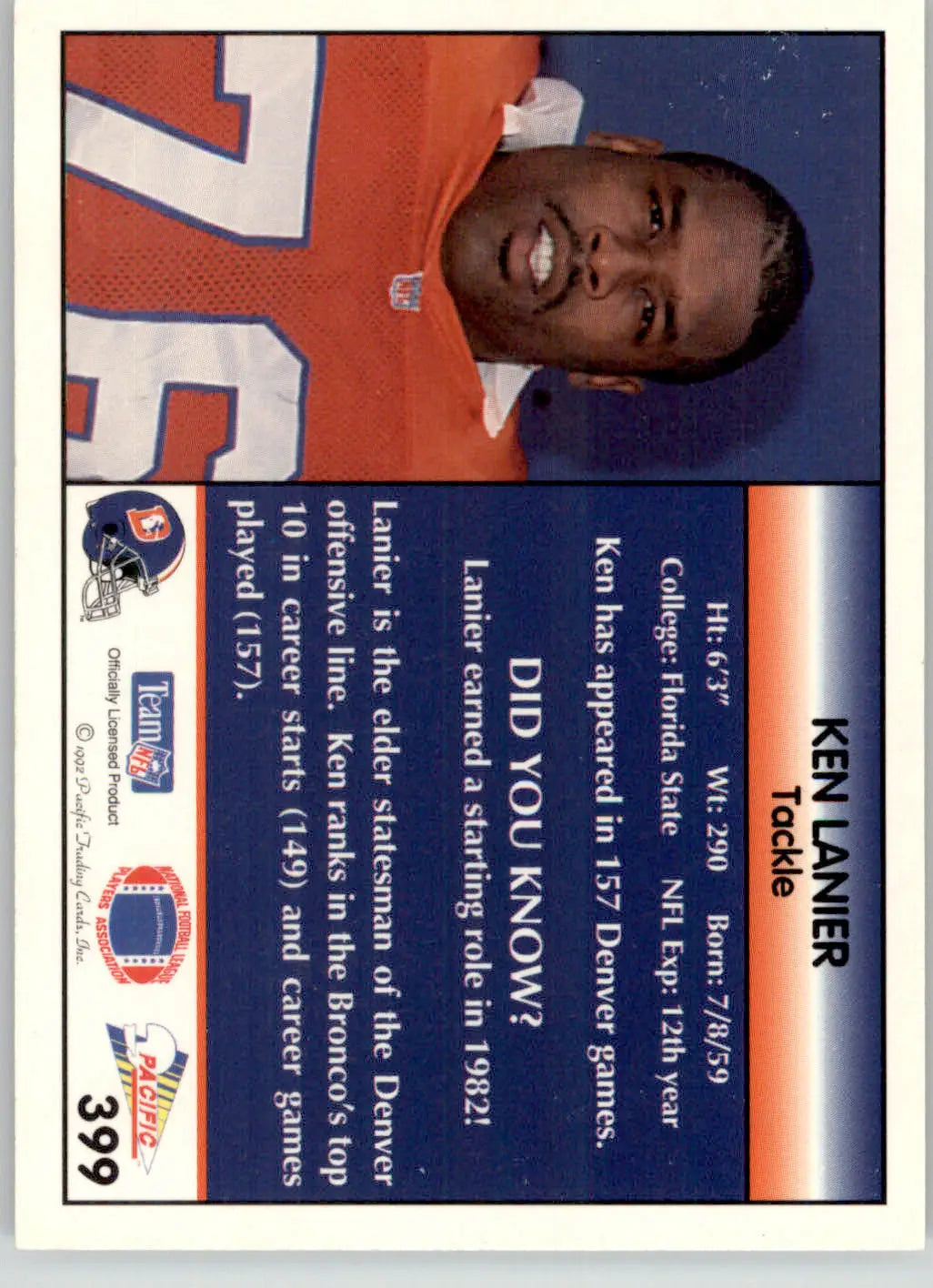 Ken Lanier - 1992 Pacific - #399 - Football
