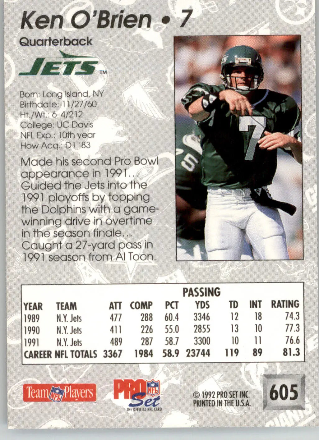 Ken O’Brien - 1992 Pro Set - #605 - Football - Football Card Single