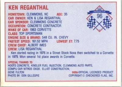 Ken Regenthal - 1989 Checkered Flag IHRA - #96 - Racing - Racing Card Single
