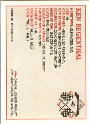 Ken Regenthal - 1990 Checkered Flag IHRA - #40 - Racing - Racing Card Single