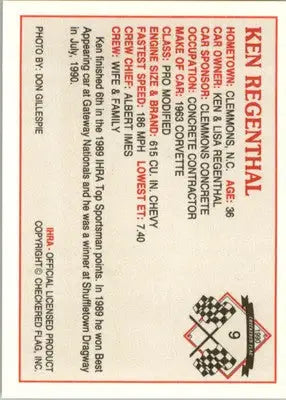Ken Regenthal - 1990 Checkered Flag IHRA - #9 - Racing - Racing Card Single
