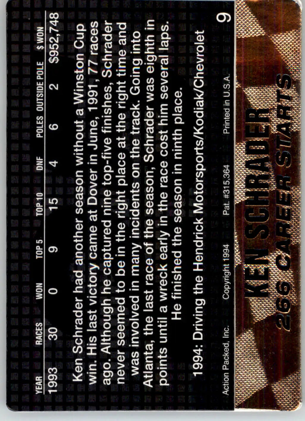 Ken Schrader - 1994 Action Packed - #9 - Racing - Racing Card Single