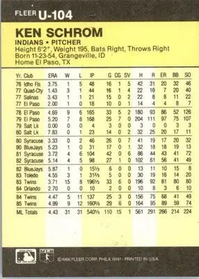 Ken Schrom - 1986 Fleer Update - #U-104 - Baseball - Baseball Card Single