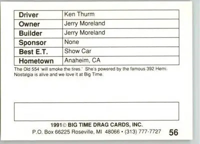 Ken Thurm - 1991 Big Time Drag - #56 - Racing - Racing Card Single