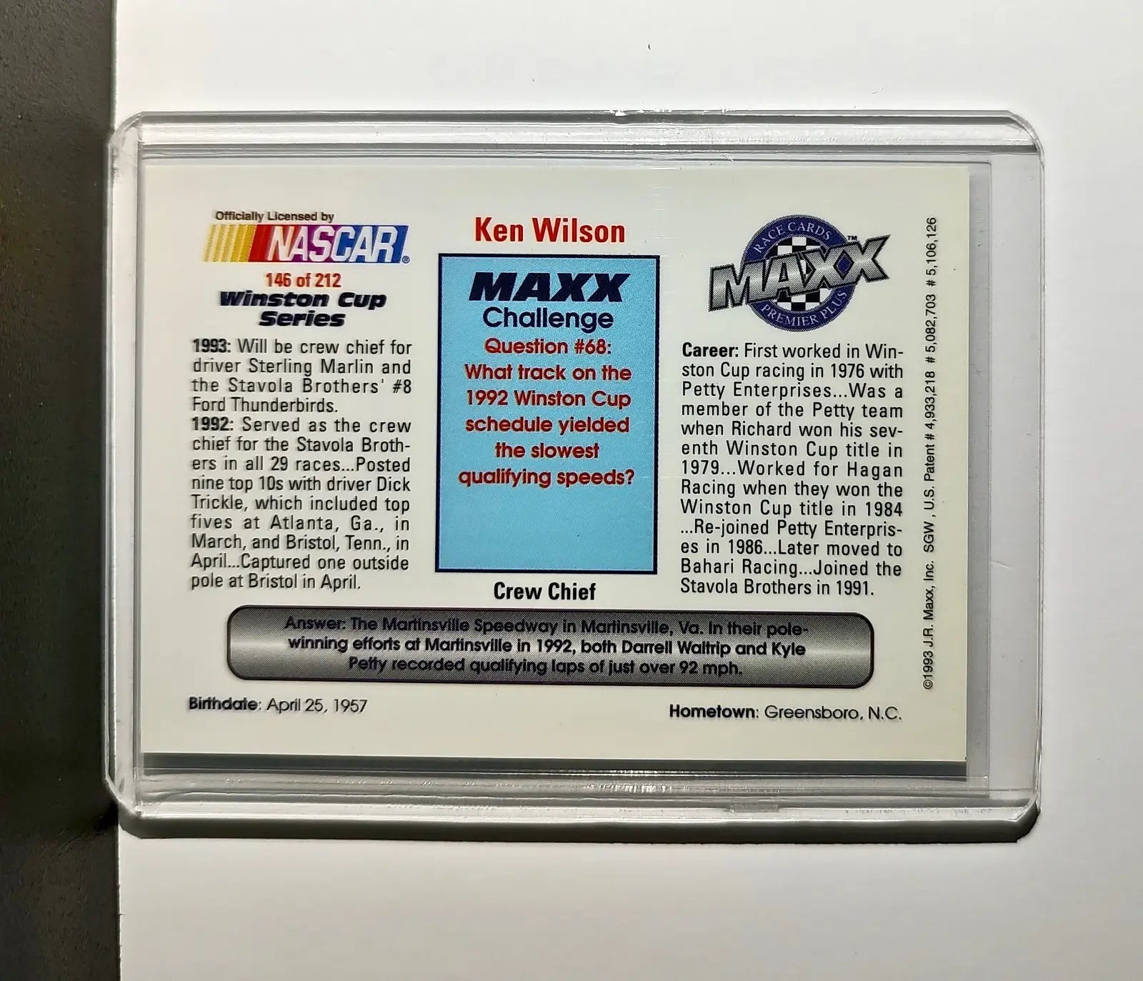Ken Wilson 1993 Maxx Premier Plus Racing #146 NASCAR Stavola Brothers Racing - Racing Card Single