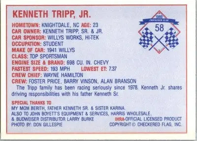 Kenneth Tripp Jr. - 1989 Checkered Flag IHRA - #58 - Racing - Racing Card Single