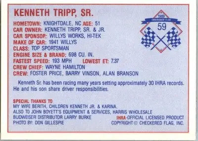 Kenneth Tripp Sr. - 1989 Checkered Flag IHRA - #59 - Racing - Racing Card Single