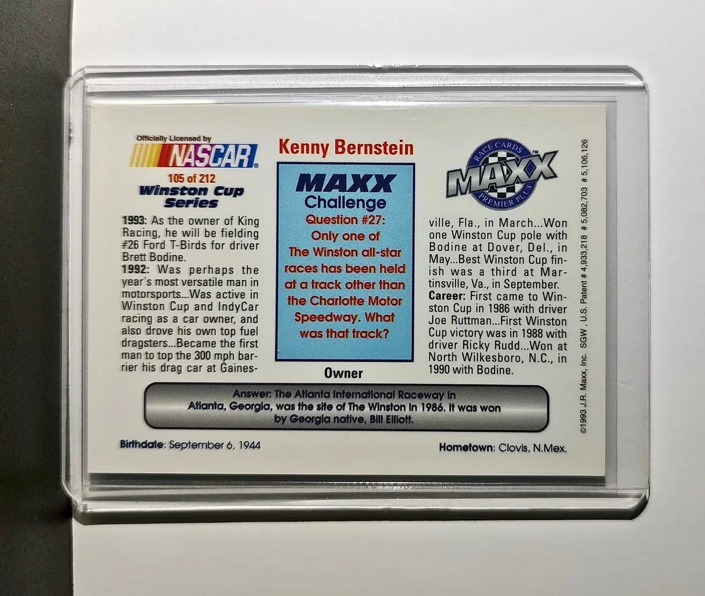 Kenny Bernstein 1993 Maxx Premier Plus Racing #105 NASCAR Card King Racing