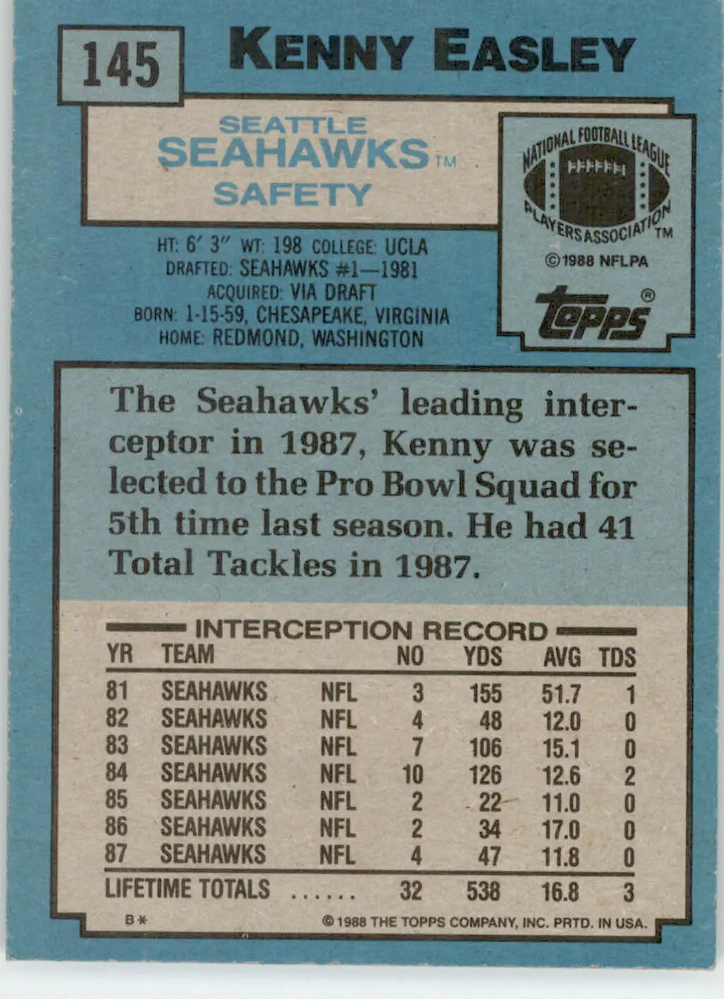 Kenny Easley - 1988 Topps - #145 - Football