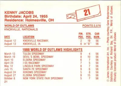 Kenny Jacobs - 1988 World of Outlaws - #21 - Racing - Racing Card Single